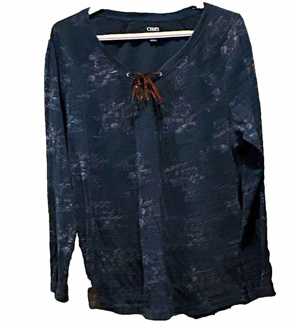 Chaps Women's Plus 1X Blue Floral V-Neck Lace-Up Tie Long Sleeve Blouse